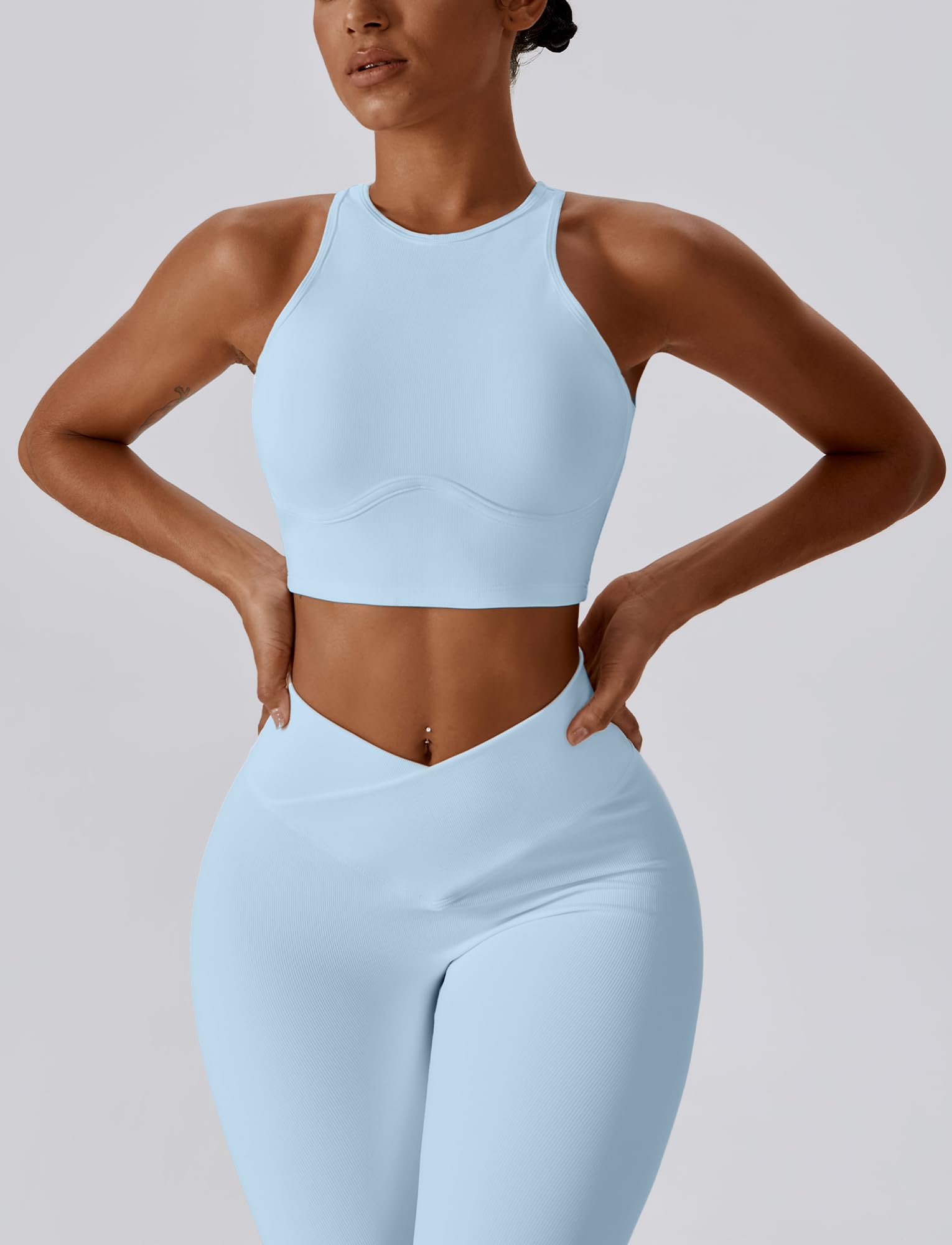 SEAUR Reggiseno sportivo da donna senza cuciture a costine Racerback ad alto impatto allenamento crop top palestra corsa cava fuori canotte