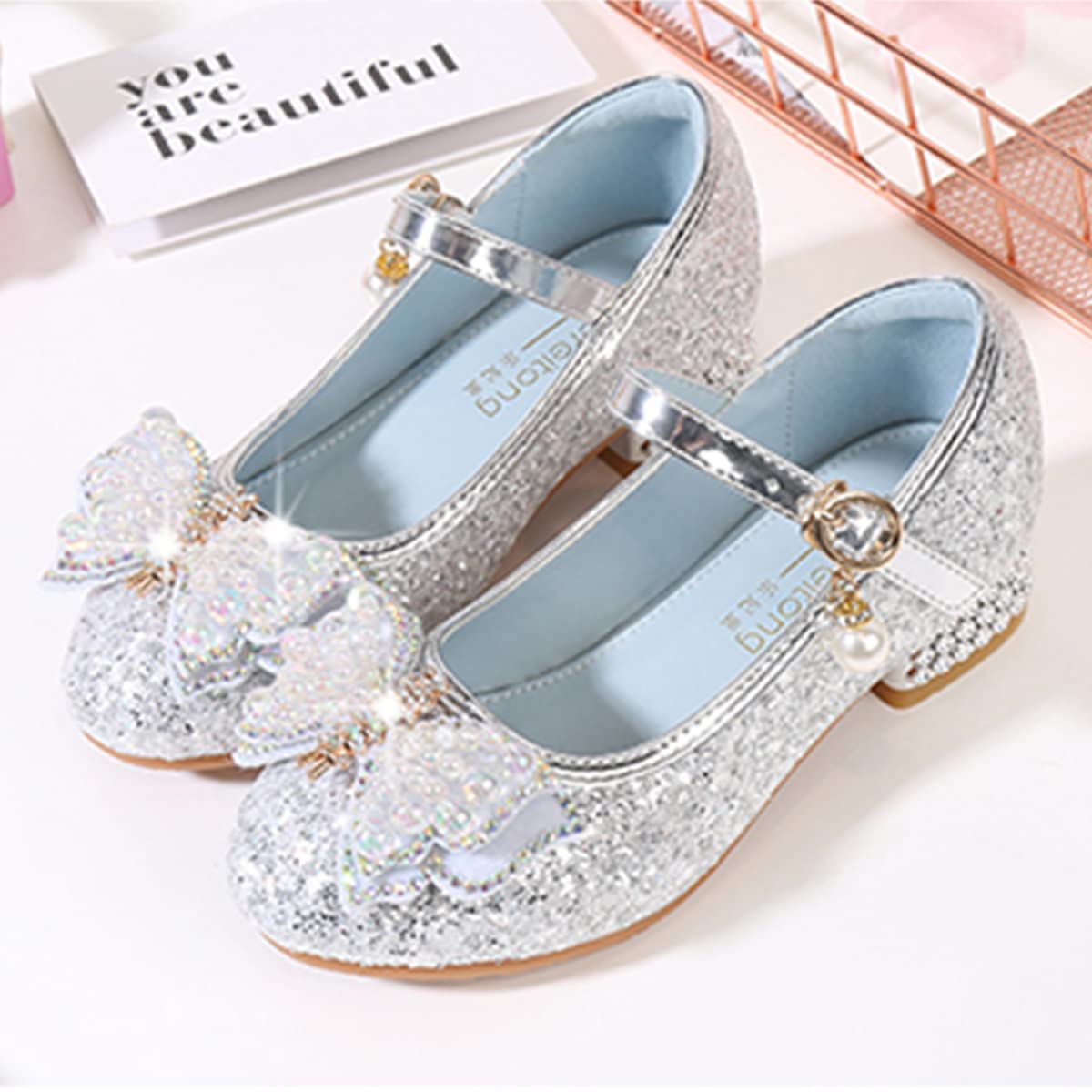 Princesse Fille Chaussure à Talon Enfant Ballerine Paillettes Papillon Danser Date d'anniversaire Fête des Enfant Sandales Mariage Halloween Noël Carnaval Cosplay Déguisement,Argent,25