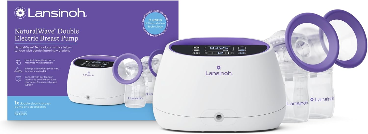 Lansinoh NaturalWave Double Electric Breast Pump White/Purple | Hospital-Grade Suction with 12 Levels, 5 Flange Sizes & Baby-Mimicking Motion | Breastfeeding Essentials for Pumping Moms