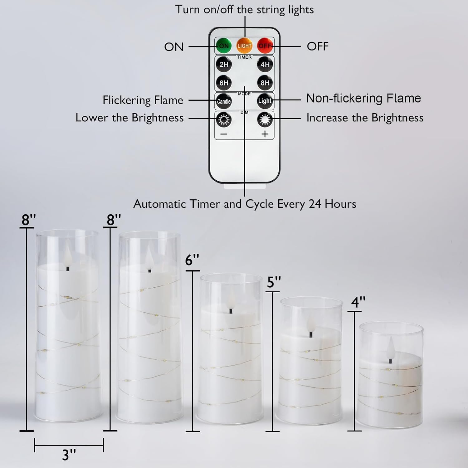 Homemory Pure White Flameless Candles with Embedded Star String Fairy Lights, Battery Operated Candle, LED Candles, Fake Candles with Remote Control and Timer, Set of 5(H4 5 6 8 8)