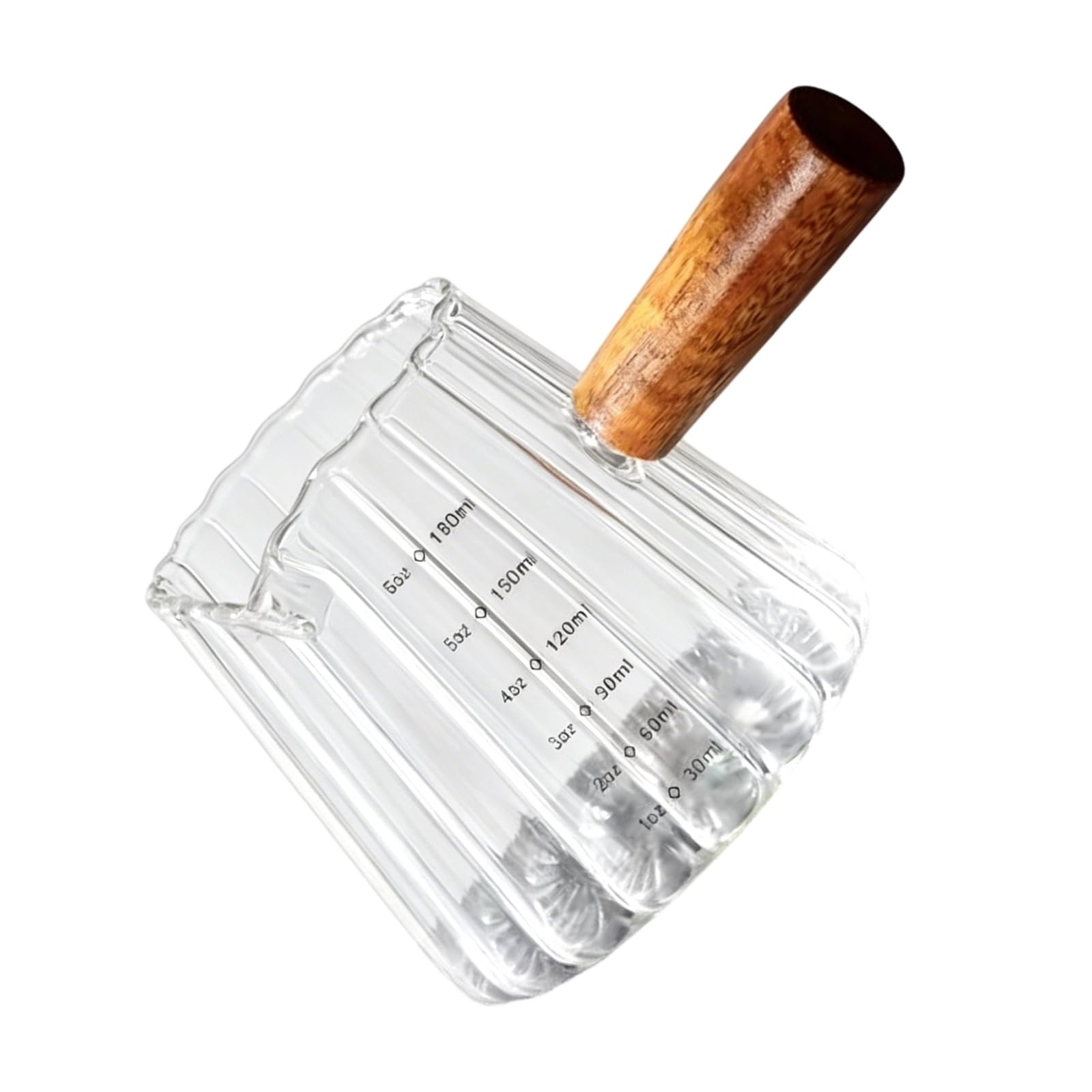 TFAOYS Glass Coffee Measuring Cup 180ml with Wooden Handle and Pour Spout, 6oz Espresso Milk Frothing Pitcher for Kitchen Prep