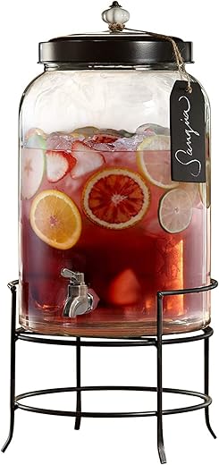 Style Setter Franklin 3 Gallon Glass Beverage Drink Dispensers with Metal Stand & Lid, Tag and Ceramic Knob, Clear, 20x11"