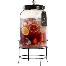 Style Setter Franklin 210235-GB 3 Gallon Glass Beverage Drink Dispensers with Metal Stand & Lid, Tag and Ceramic Knob, Clear, 20x11"