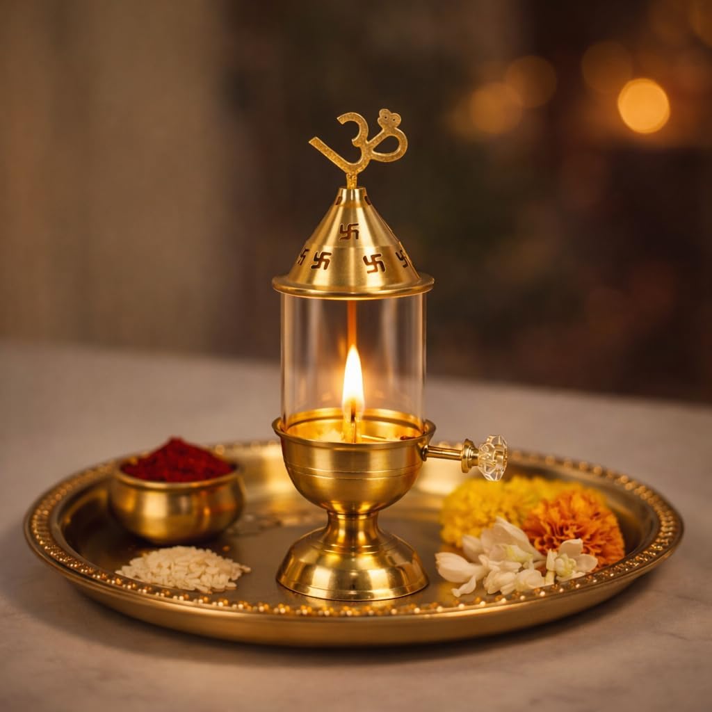 Brass Diya with Glass Cover & Om Symbol Top | 7 Inch Decorative Puja Oil Lamp with Knob | Devotional Lamp for Home Temple & Festive Decor