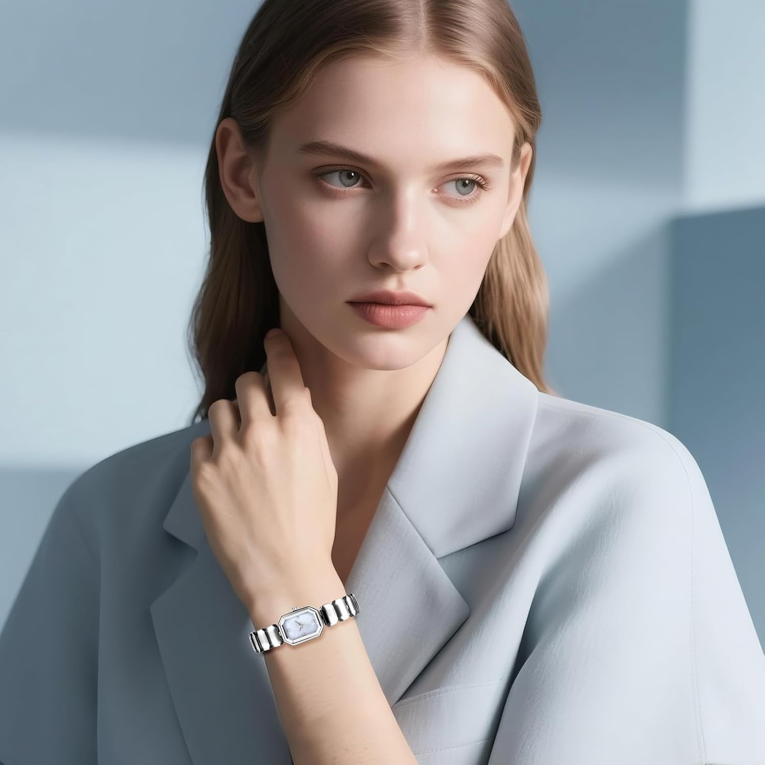 Lancardo Elegant Women's Square Watch: Silver Tone Stainless Steel Strap Beautiful Shine Shell Surface Brcaelet Dress Wristwatch - Image 8