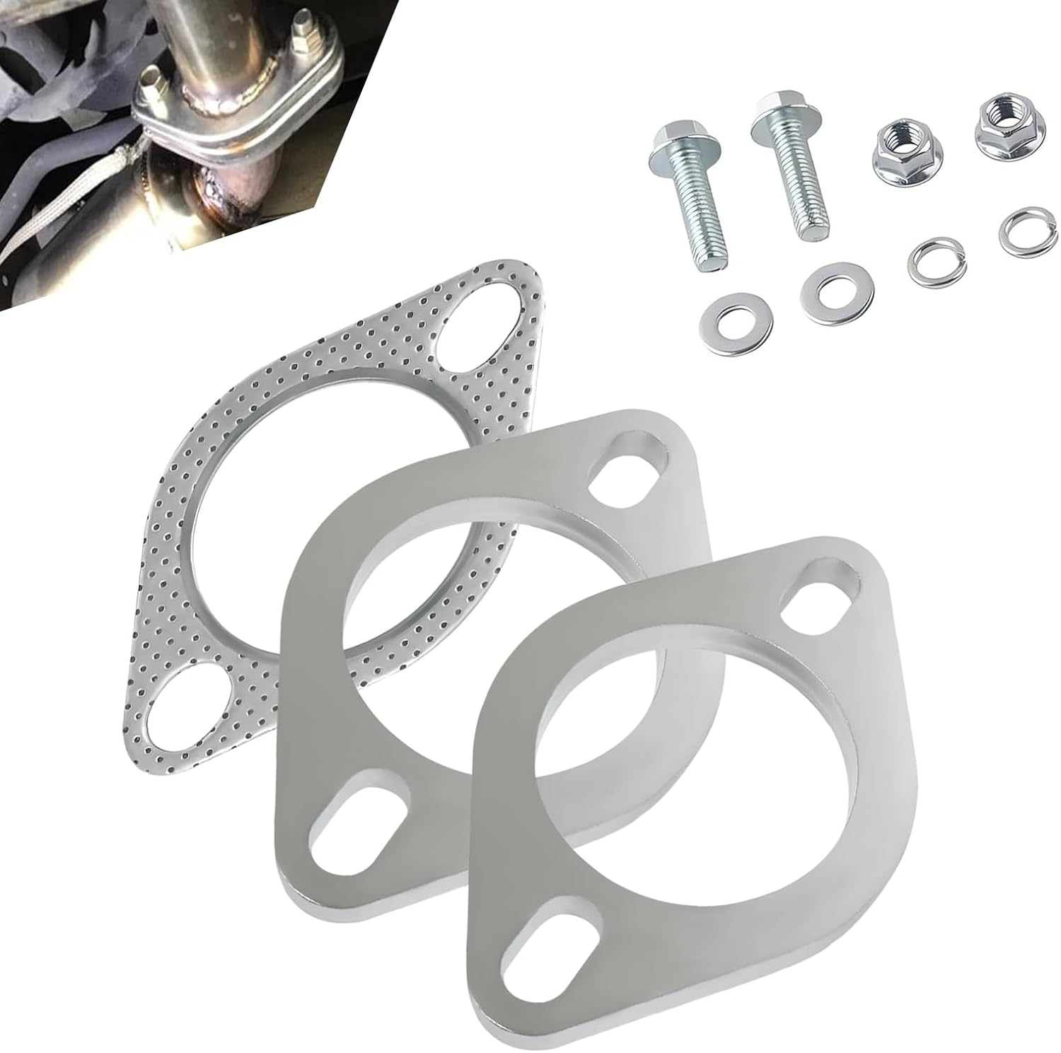 2 PCS Car Exhaust Flange Gasket, Stainless Steel 2 Exhaust Bolts and Nuts Kit, 2.5" High Temperature Catalytic Converter Gasket, Exhaust Flange Repair Kit Universal for Most Car (Silver)