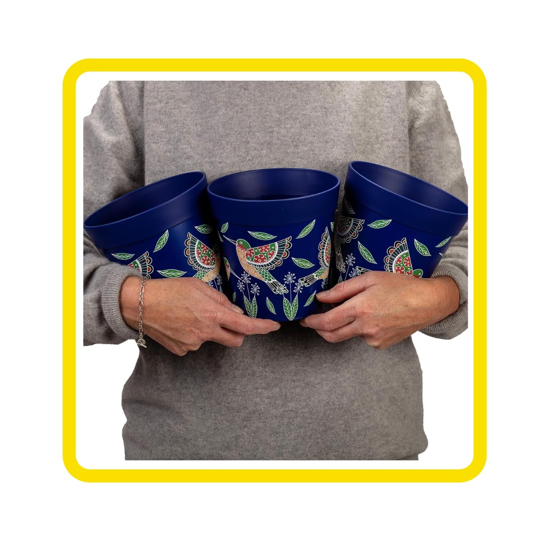 Hum Flowerpots, 15 cm, Lot de 3, Divers Motifs, Coloris et Tailles, Pots de Fleurs en Plastique Intérieur/Extérieur, Bleu Colibri