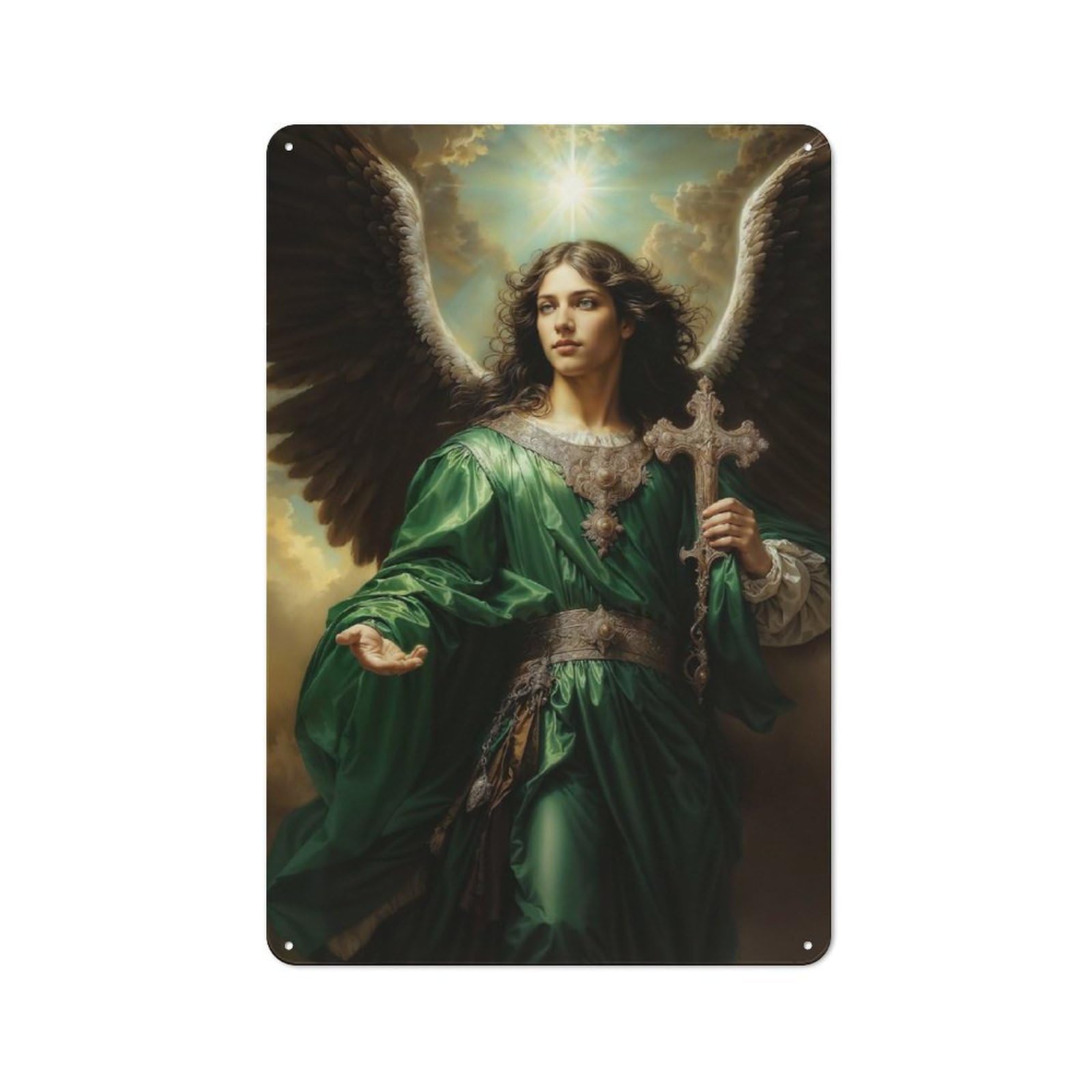 Industrial Metal Sign with Archangel Raphael in Green Robe with Cross Design 30x20cm, Modern Retro Loft Wall Plaque for Workspace, Cafe, Hallway Or Garage