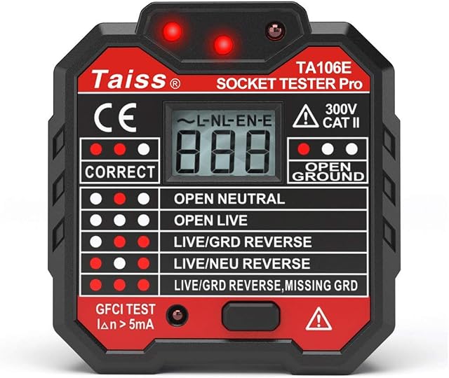 Taiss/Socket Tester With voltage display GFCI Outlet Socket 48-250V Power Automatic Electric Circuit Polarity Voltage Detector, UK Plug A106E2