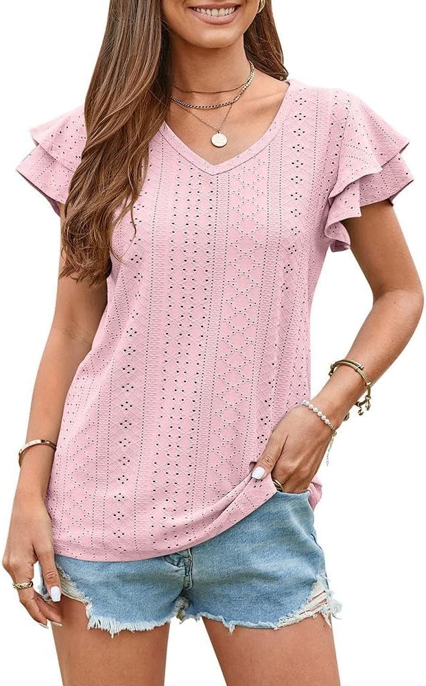 FMCHICO Womens Work Blouses Cap Sleeve Button Down Tops V Neck Summer Shirts