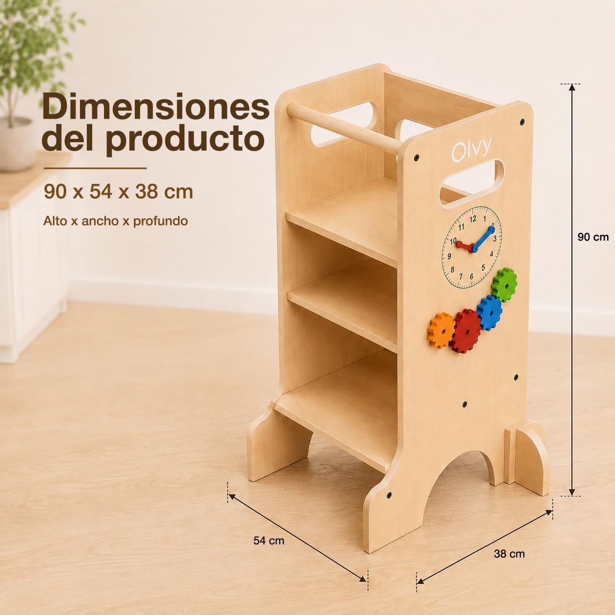 Olvy Torre de Aprendizaje 4 en 1 para Niños con Base Reforzada Cross-Brace, Tobogán con Ranura en Ángulo Recto, Pasamanos sin Clavos Visibles, Pizarra y Panel Montessori de Madera
