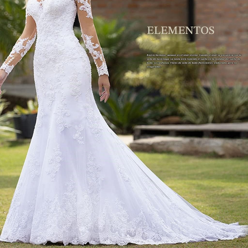 Vestido de Novia de Manga Larga con Cuello en V Elegante Vestido de Novia de Encaje de Tul
