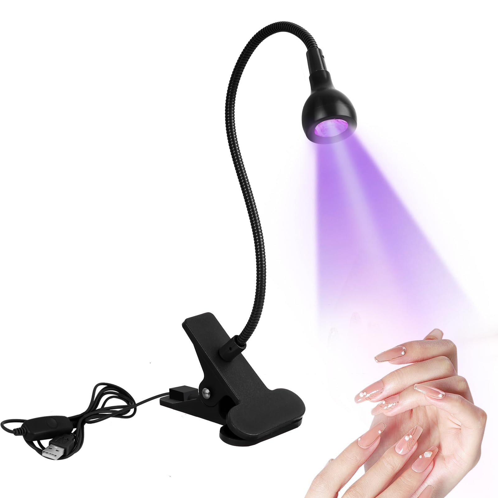 Lampada UV LED Unghie, 5W Mini Lampada Unghie, Portatile Lampada UV con Clip, 360° Testa Regolabile, Regolabile per Gel, Resina e Colla UV, con USB (Nero)
