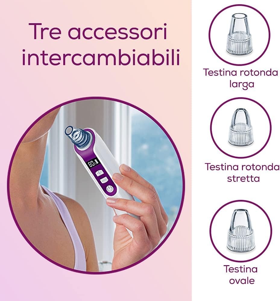 Beurer FC 41 Dispositivo Pulizia Pori e Punti Neri, Tecnologia del Vuoto, 5 Livelli di Intensità, 3 Accessori Intercambiabili, Batteria Ricaricabile, Display LCD, per Tutti i Tipi di Pelle