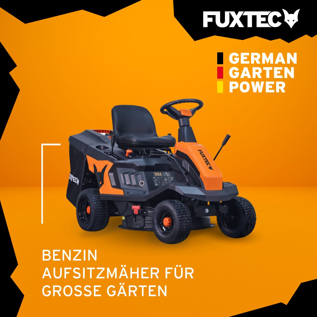 FUXTEC Aufsitzmäher FX-RMR66, Rasentraktor mit eStart, Schnittbreite 66 cm, 6PS, 150 L Fangkorb, Schnitthöhe verstellbar, für große Flächen, inkl. Trichter für Seitenauswurf