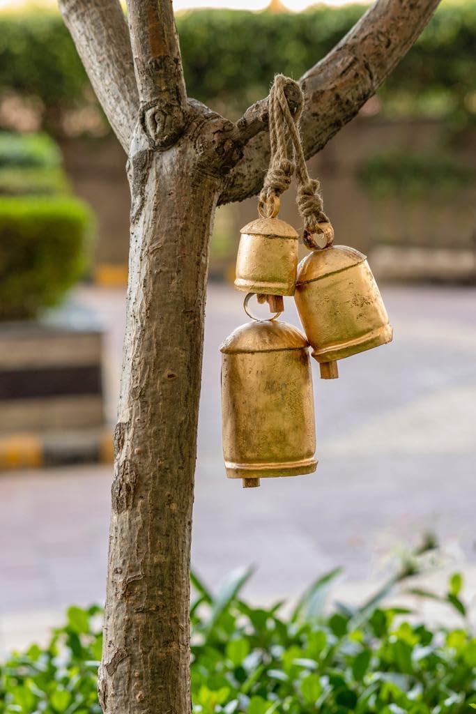 Aroha ® Rustic Swiss Garden Bells Cluster on Rope Large Vintage Lucky Bells for Hanging Décor (Rustic Gold)