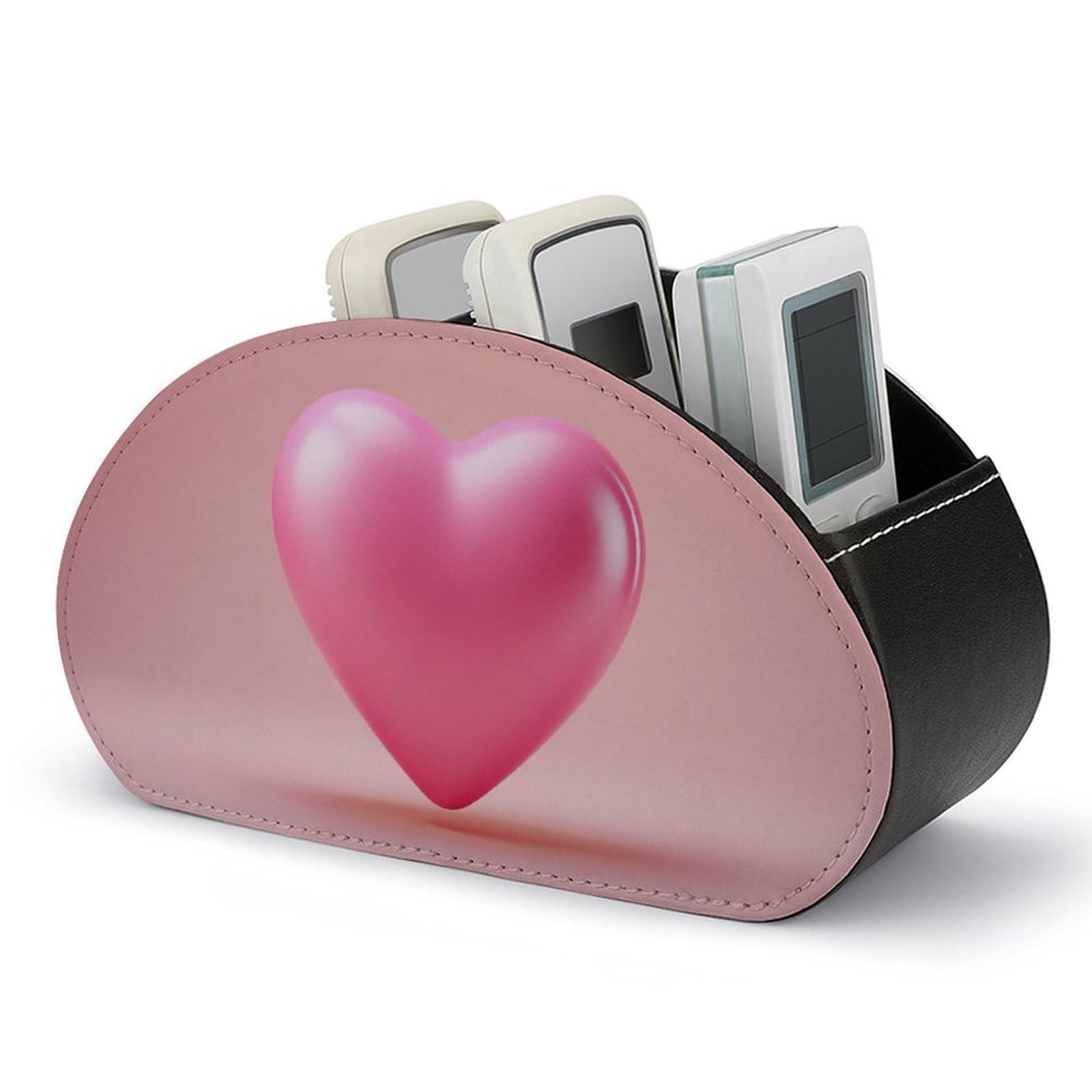 Jubonexis Heart Pink Remotes Control Holder with 5 Compartments Leather TV Remote Caddy Storage Box Desktop Organizer