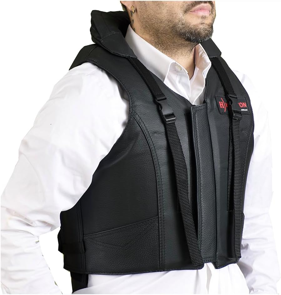 HILASON Safety Tall Collar Bull Riding Vest Protective Leather Black |Equestrian |Unisex |Rodeo