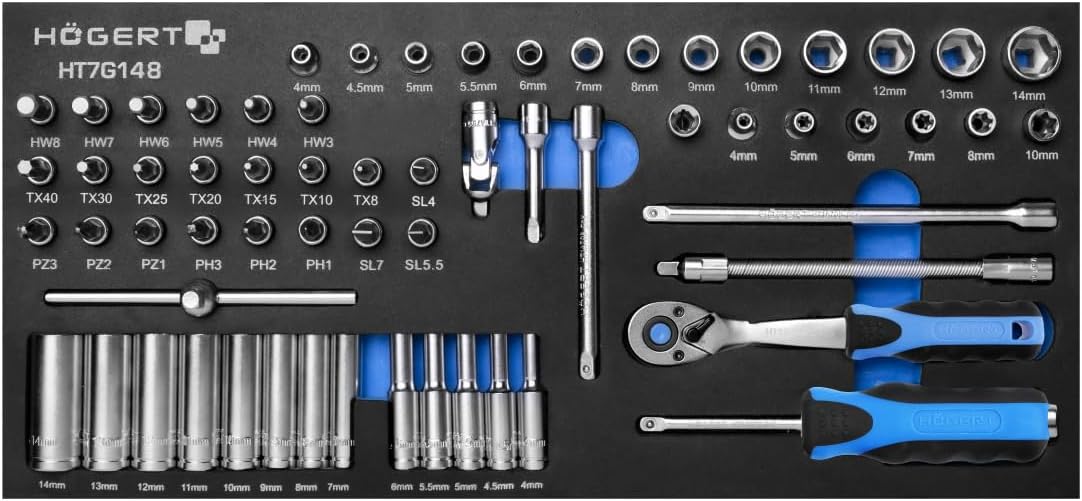 HÖGERT TECHNIK - Ratchet Tool Set, Tool Box Insert with Ratchet, Buttons and a 1/4 Inch Socket and Bit Set