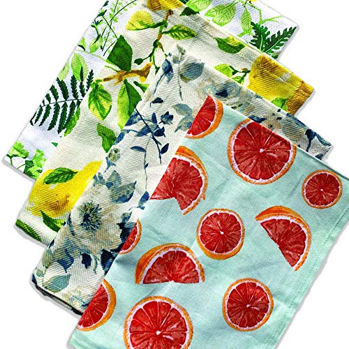 HAPPYWAGON Happy Wagon| Printed Kitchen Towels| Pack of 4| Multipurpose – Cleaning, Wiping, Plating | Washing Machine Friendly| 100% Cotton | Extra Absorbent|18 x 28 Inches |190 GSM