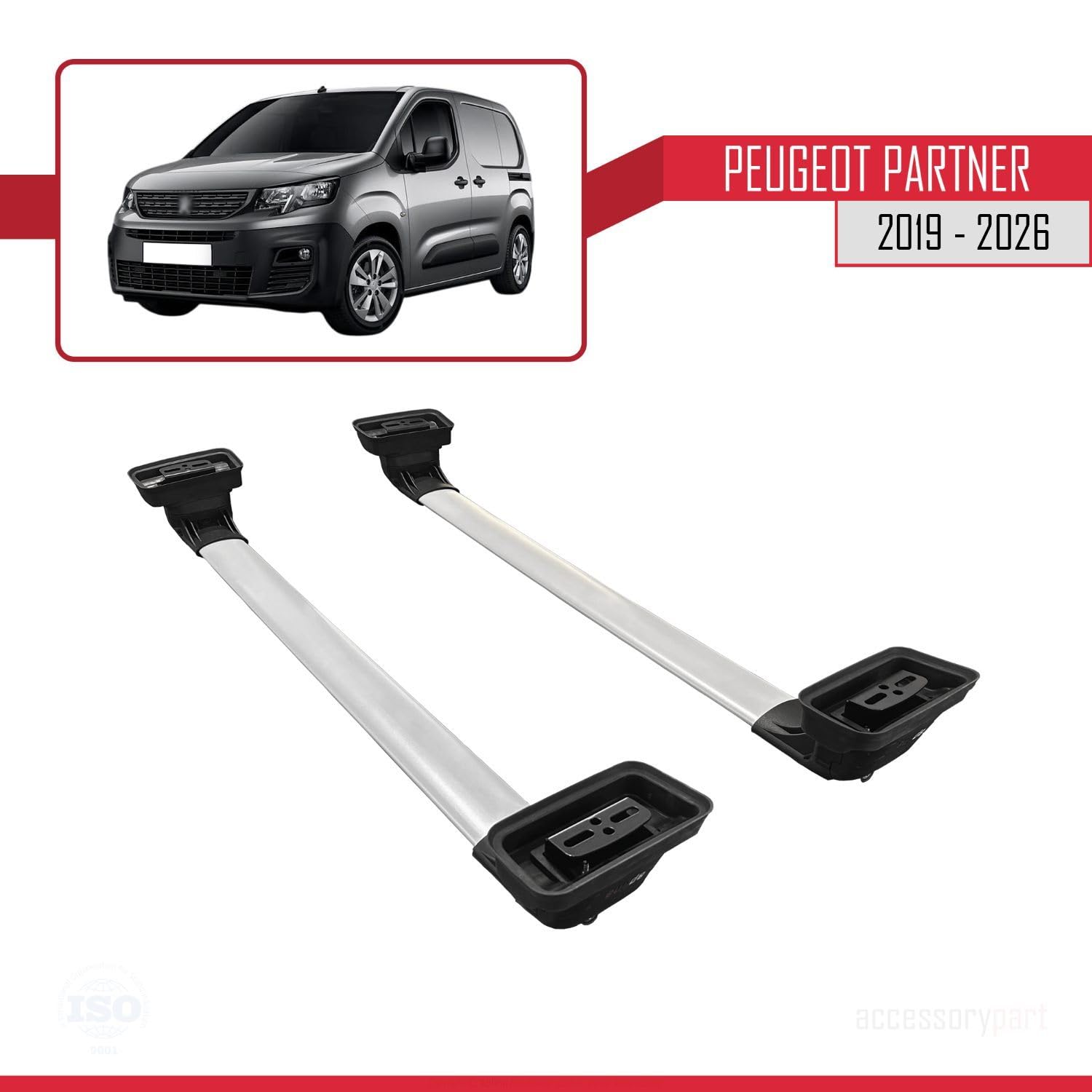 Compatible con Peugeot Partner (K9) 2019-2026 Modelo Ace-3 Barra de Techo Auto Portaequipajes Barras Transversales Gris Aluminio 2 Barras