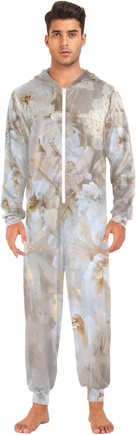 White Beige Flowers Gold Leaf Unisex Adult Onesie Pajamas Comfy One Piece Costume Jumpsuits Novelty Sleepwear Homewear for Men Women