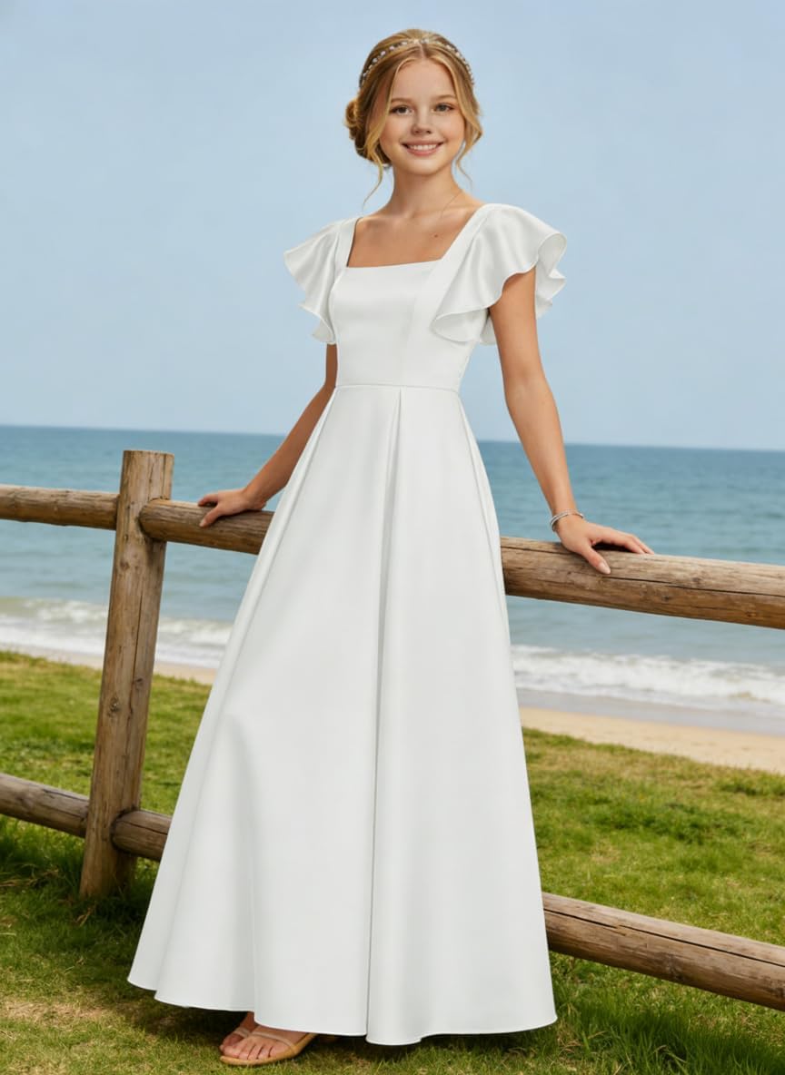 Maxianever Junior Bridesmaid Dress for Wedding Satin Ruffle Sleeve A-Line Formal Gown for Teen Girls