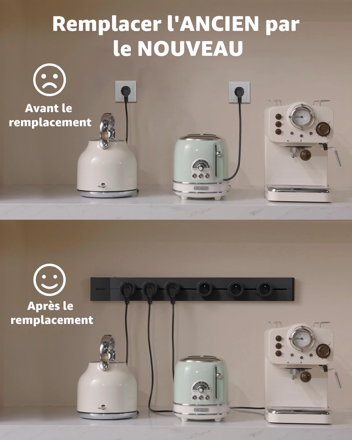 GONEO Rail de Prises modulable Mural 75 cm, multiprise électrique avec 5 adaptateurs et interrupteurs, 16A 3680W, 2P+T, Extensible jusqu'à 8 Prises, idéal pour Cuisine, Salon, Lieu de Travail