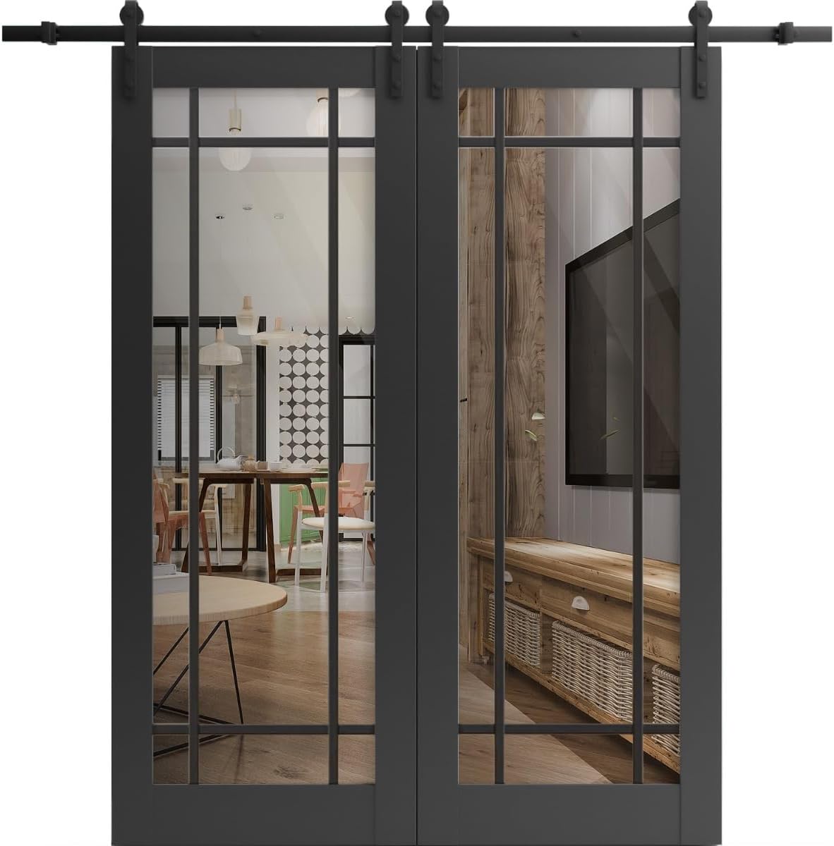 Sturdy Double Barn Door with Clear Glass | Lucia 2266 Matte Black | 13FT Rail Hangers Heavy Set | Solid Panel Interior Doors-64" x 84" (2 * 32x84)-Black Rail-Clear Glass