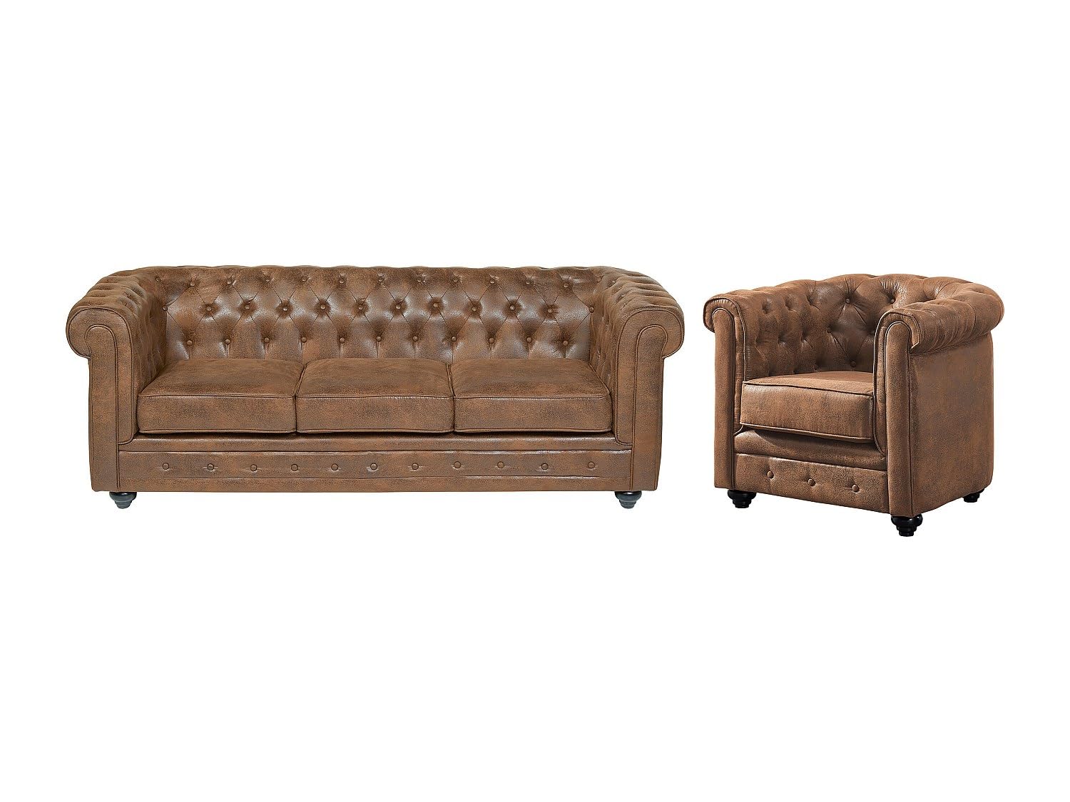 Vente-unique - Set divano e poltrona 4 posti Chesterfield - microfibra - marrone