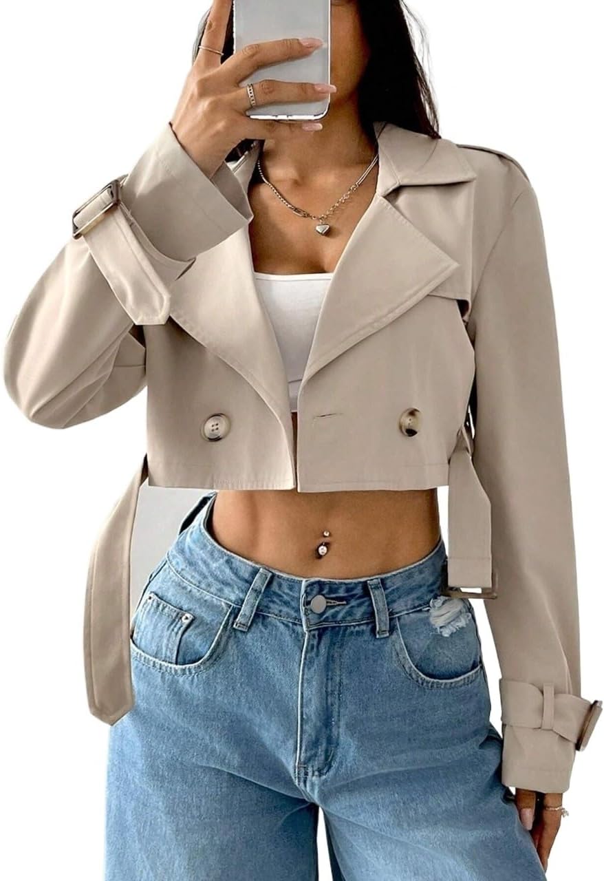 Womens Fashion Trench Outwear Notched Lapel Button Front Long Sleeve Short Trench Coat Jacket Coat