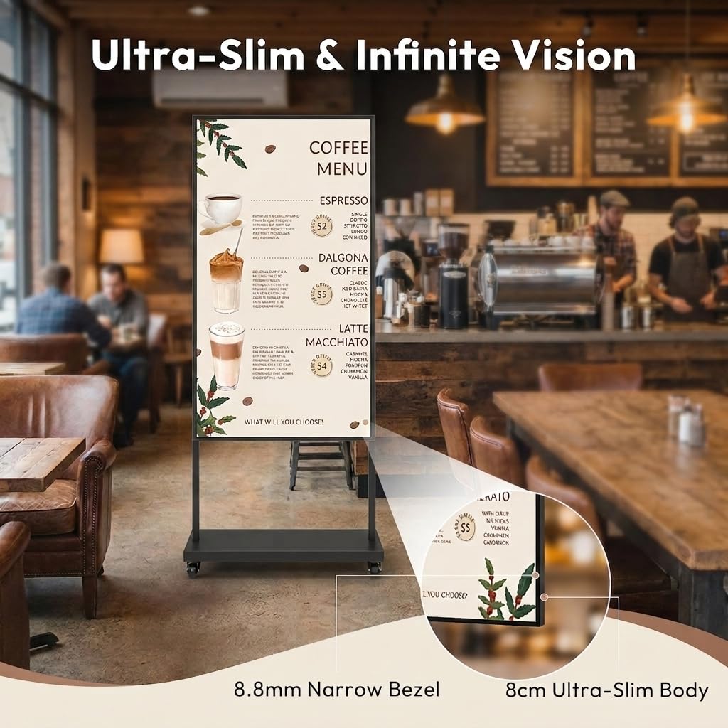 65" Écran publicitaire 3000 Nits, IPS Ecran Publicitaire 4K Affichage sur Pied avec Auto-Luminosité, cms/USB/WiFi/HDMI, Totem Affichage Publicitaire pour Vitrine, Restaurants et Entreprise
