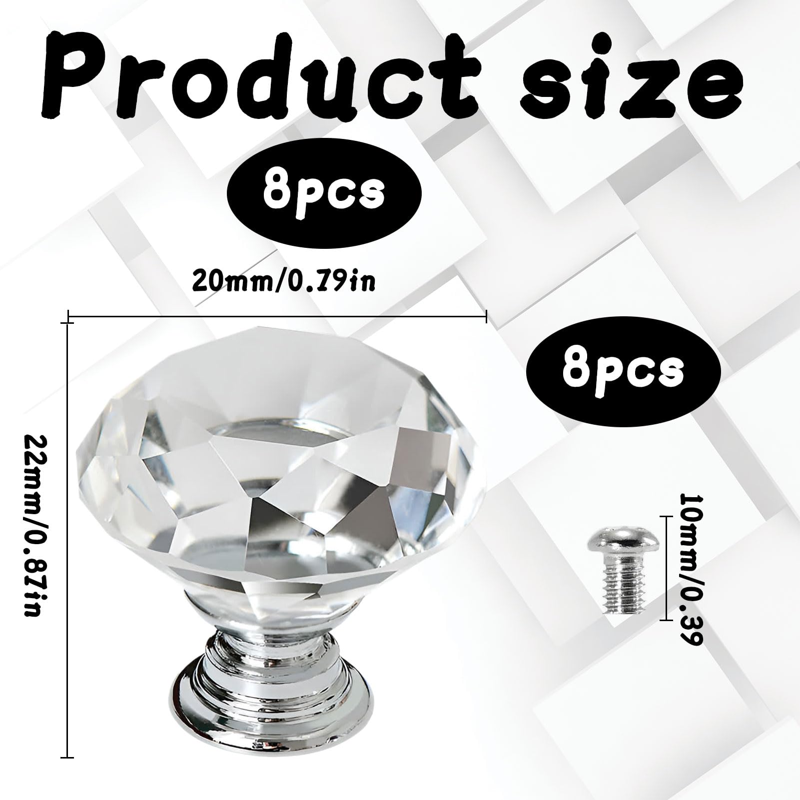 Watlikeup Crystal Door Knobs,8 PCS 20MM Crystal Glass Cabinet Door Knobs with Screws,Clear Door Handles for Cupboards Wardrobe - Image 2