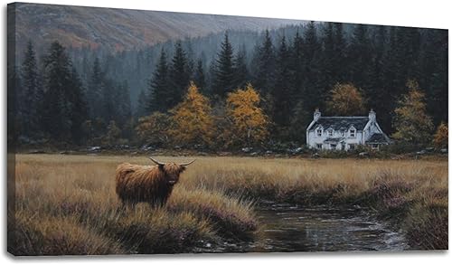 Miniatura 56 de 24"x 48" Fall Canvas Wall Art Highland Cow Rustic Vintage Forest Landscape Farmhouse Autumn Framed Pictures Painting Print Large Wall Art for Living
