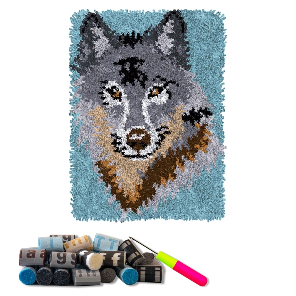 DL-YTG Latch Hook Kits Rug Wolf Crochet Yarn Cushion Colour Pre-Printed Canvas Cover Rug Needlework DIY Hook and Latch Kit Home Decoration 52x38cm/20 X15inch-image-17