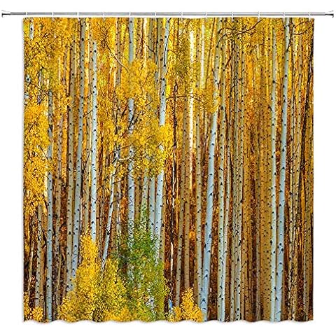 BOYIAN Woodland Shower Curtain Birch Trees in The Forest Autumn Wildlife Nature Golden Yellow Leaf Fall Seasonal Rural Scenery Fabric Bath Curtains Bathroom Polyester with Plastic Hooks 71x71Inch Cover
