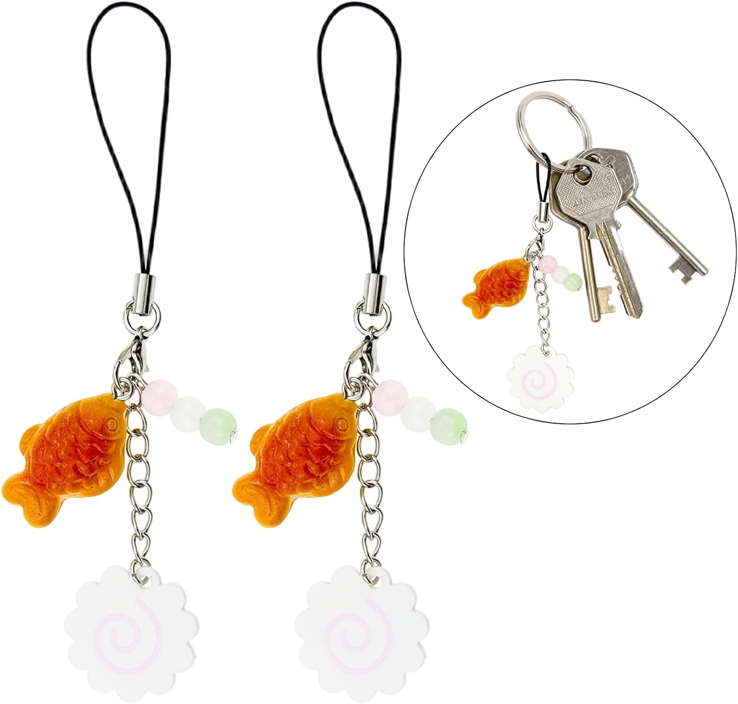 2Pcs Taiyaki Fish Charms Set, Cute Keychain Phone Straps with Fish & Flower Design, Novelty Accessories for Bags, Keys, Phones
