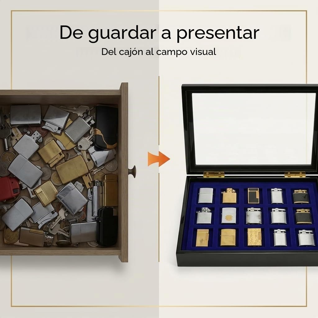 Safe 5901 Estuche de colección para 15 Compartimentos de encendedores ZIPPO | Inserto de Terciopelo Azul | Estuche con Cierre magnético Invisible | Dimensiones : 375 x 330 x 26 mm