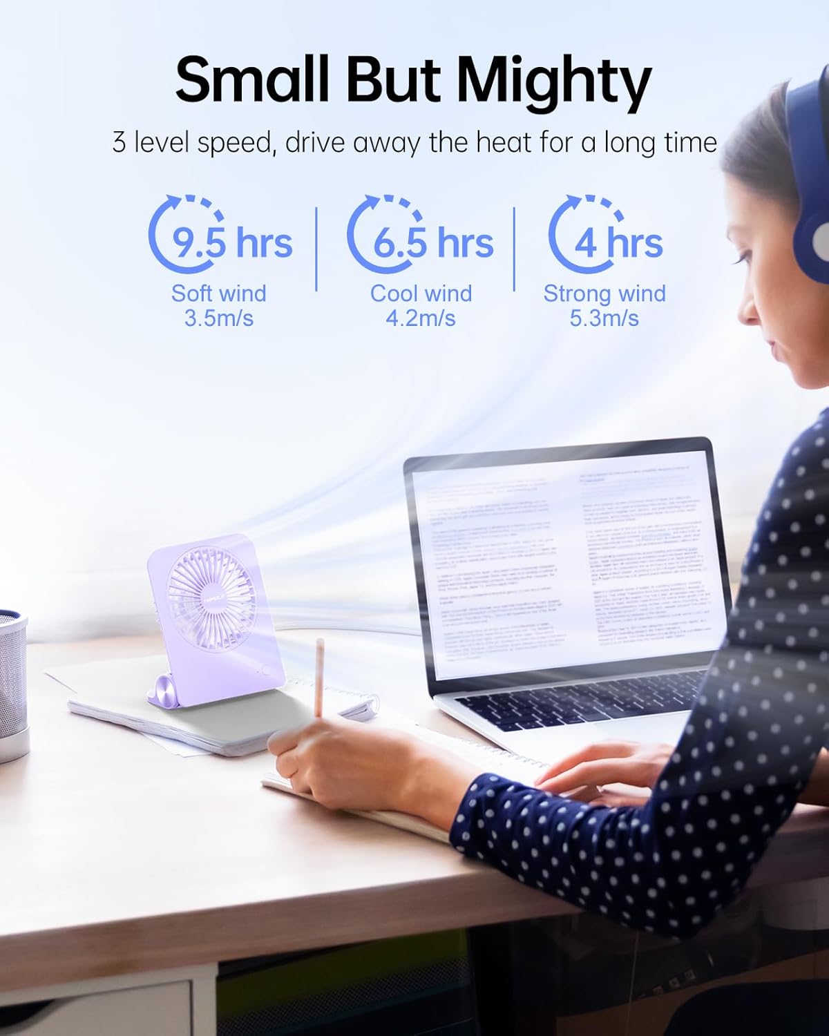 TriPole Desk Fan Small Portable Fan 2000 mAh Rechargeable Battery Ultra Quiet 4.5 Inch Mini Travel Fan with 180° Tilt Folding and 3 Speeds Adjustable for Home Office Desktop Purple - Image 3