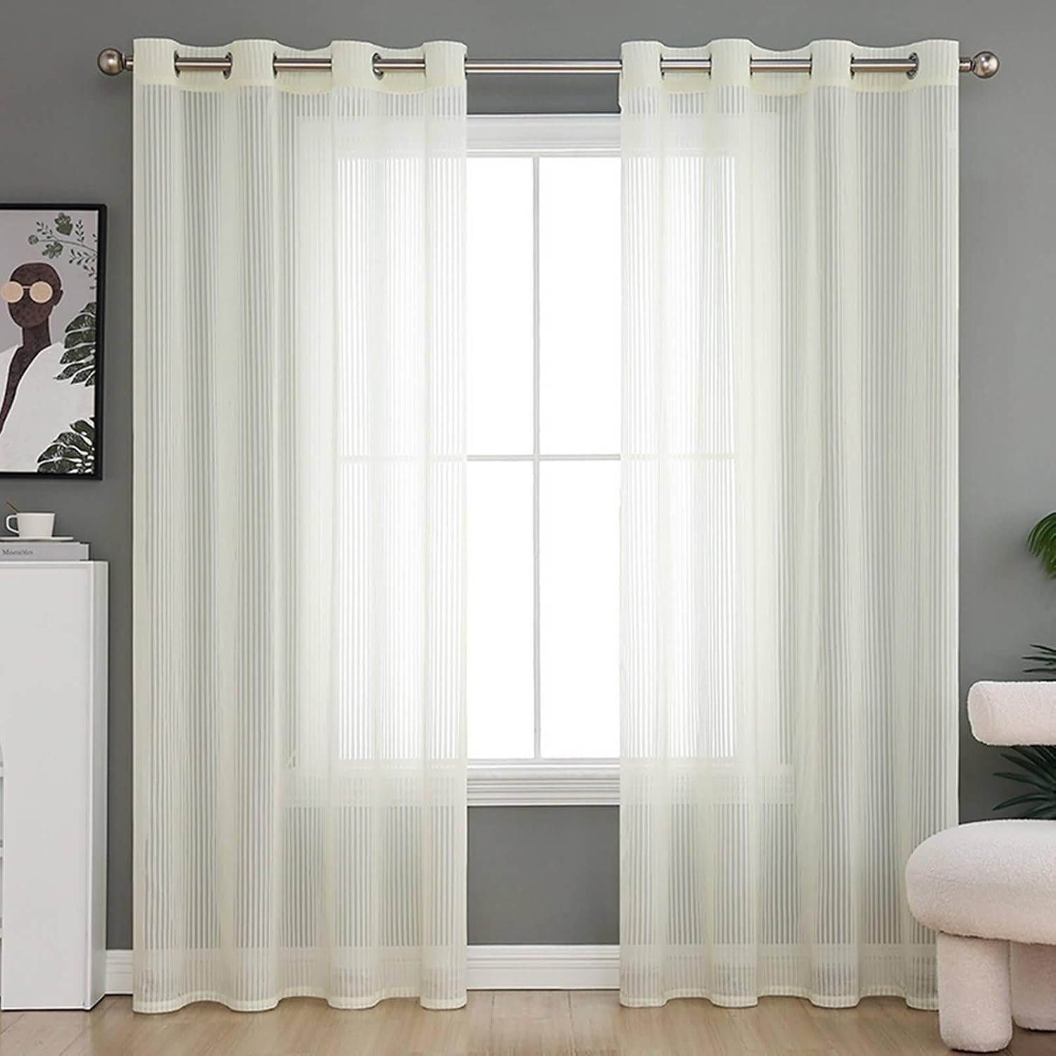 Daesar Living Room Curtains 2 Panel Sets 72 Inch Length, Eyelet Sheer Curtains Solid Color Striped Voile Curtains for Kitcken Window Treatment, 54x72 Inch Beige Yellow