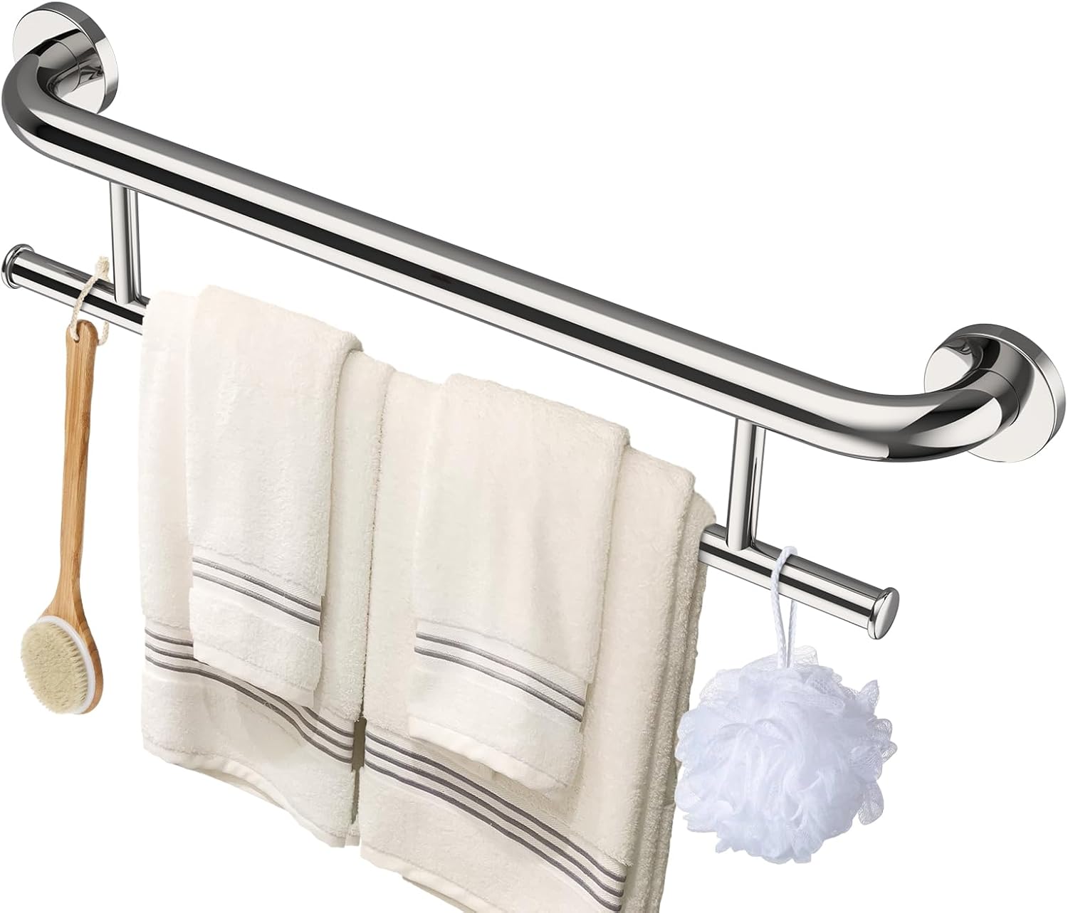 Chrome Towel Grab Bar 24 Inch - 1.25 Diameter, Zepolu Stainless Steel Safety Bar w/Towel Holder, Shower Assist Balanced Support Handle, Wall Mounted Bathroom Towel Rack for Senior Elderly Handicap 24 inch Chrome