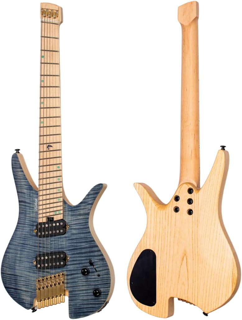 Batking 7 String Fanned Fret Headless Electric Travel Guitar with Luminous Inlay, Professional Musical Instrument