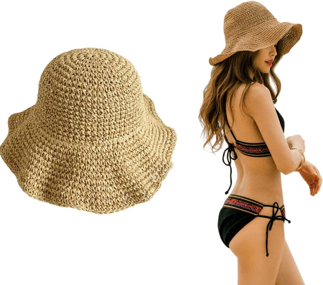 XForce Plaza Folding Straw Hat Women's Summer Outing Sun Visor Holiday Cool Cap Seaside Beach Hat Tide Summer Hats Brown, Medium