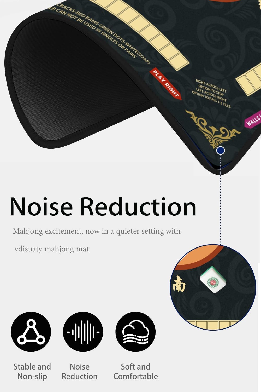 Neoprene Mahjong Mat for Table - Anti-Wrinkle Design & Foldable 31.5x31.5Inch American Mahjongg Table Mat with Learning Rules, Anti-Slip Noise Reduction Includes Carry Bag& 4 Dices(Black)