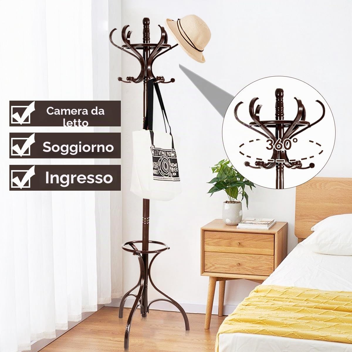 HOMASIS Appendiabiti da Terra in Legno Massello, Attaccapanni da Terra Moderno con 12 Ganci e Portombrello, Porta Abiti per Ingresso, Camera da Letto, Soggiorno (Marrone)