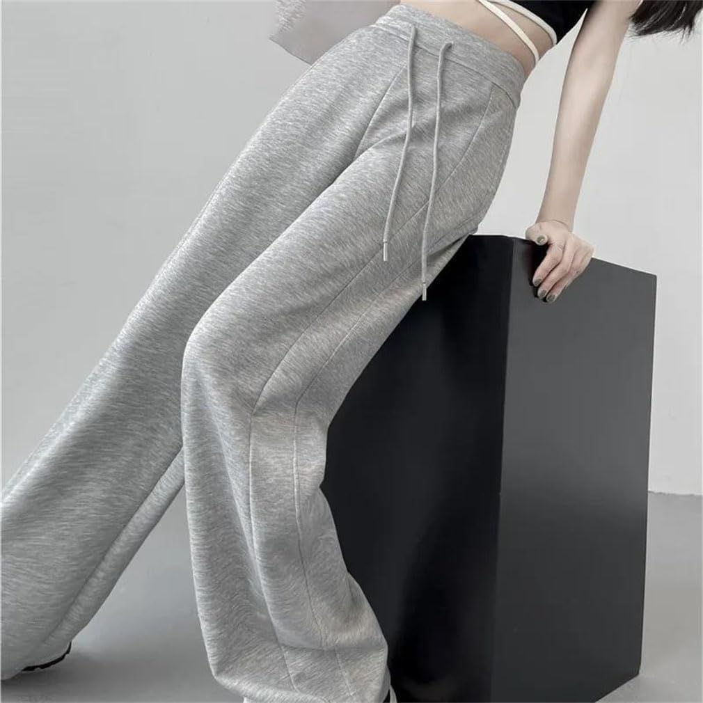 Women Elastic Waist Drawstring Solid Color Knitted Trousers Loose Straight Pants