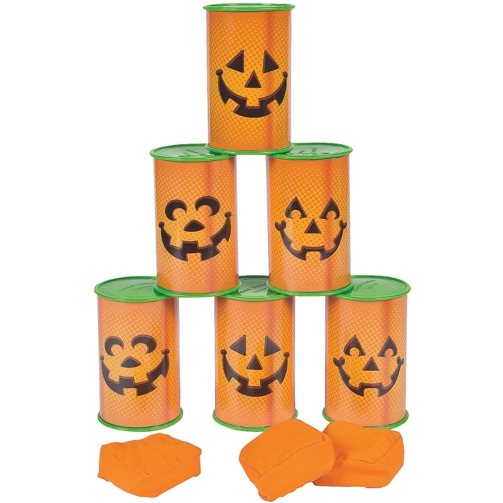 Vibrant Orange Jack-O’-Lantern Plastic Can Toss Game with Bean Bags - 5" x 3" (Set of 9) - Perfect for Halloween Parties, School Carnivals, and Family Fun Activities