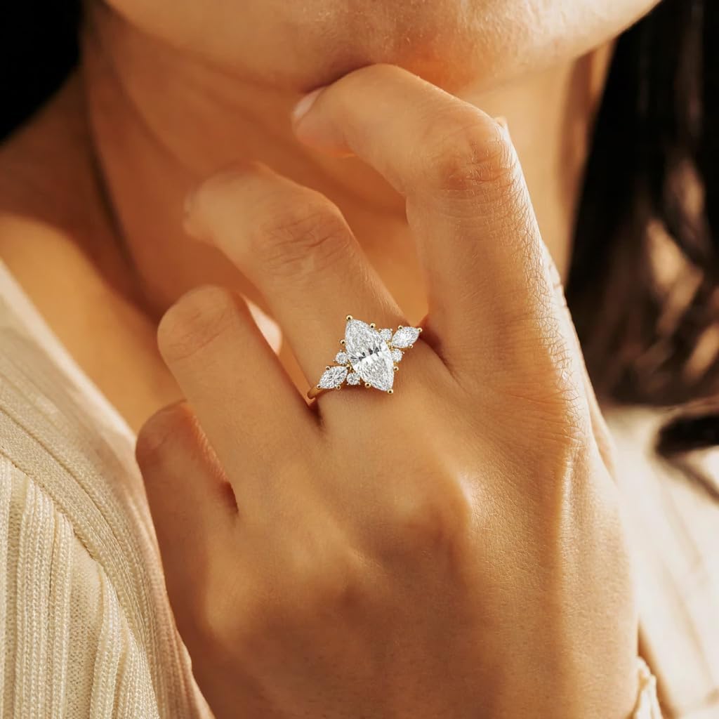 IGI CERTIFIED Marquise Diamond Engagement Ring for Women 10K 14K 18K Solid Gold 1.0-3.0 CT Nature Inspired Lab Grown Diamond Ring D Color, VS1-VS2 Clarity