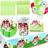  102pcs Vajilla De Fiesta De Granja, JPYH Vajilla Fiesta Infantil De Cumpleaños Vajilla De Papel De Cumpleaños Desechable Animal Party Vajilla Kit Globos Manteles Platos 10 Invitados