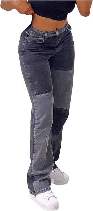 Amazon.com: ANJUNIE Pantalones vaqueros rectos impresos de cintura alta  Casual Denim Pantalones con puños sueltos : Ropa, Zapatos y Joyería